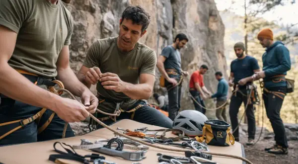 Männer bereiten sich auf offwidth climbing vor, knoten Seile und legen Kletterausrüstung aus.