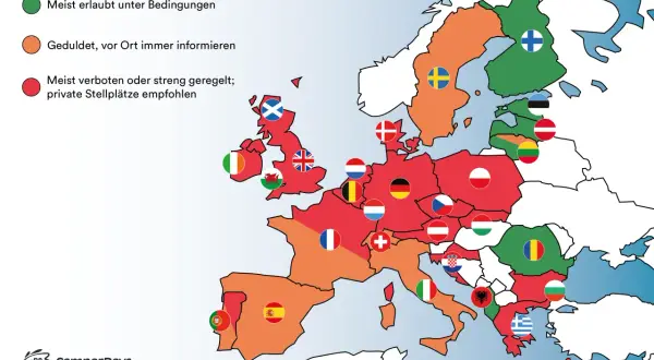 Karte zeigt Regeln für wildcampen Deutschland & Europa. Grün: erlaubt, Orange: geduldet, Rot: verboten.