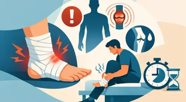 Verstauchtes Sprunggelenk mit Bandage und Schmerzsymbolen. Ein Mann sitzt und bandagiert sein Bein. Icons zeigen Gelenke und eine Uhr.