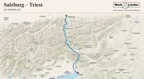 Karte zeigt die Route von Salzburg nach Triest, eine der schönsten fernwanderwege italien.