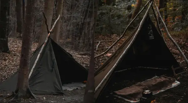 Zelt aufbauen Anleitung: Ein Tipi-Zelt aus Stoff, gestützt von Ästen, im Wald. Innen liegen Decken und eine Teekanne.