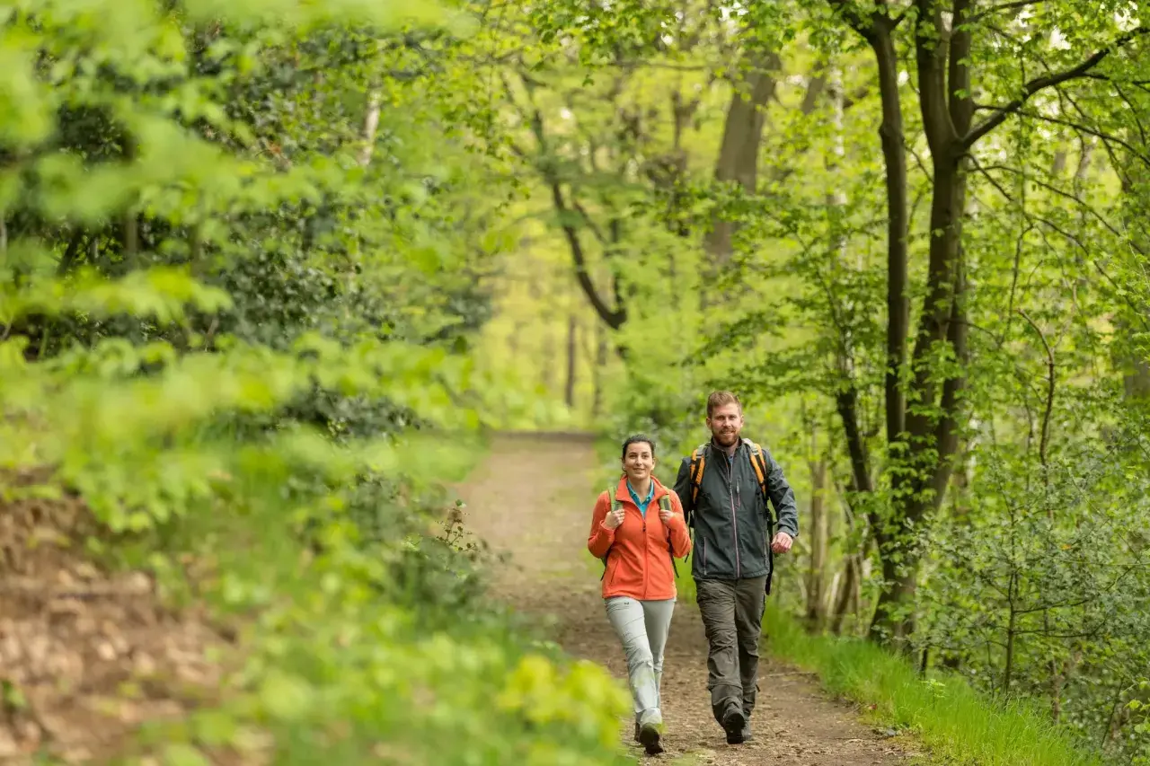 Ein Paar genießt eine Wanderung mit Einkehr im Grünen. Sie gehen auf einem Waldweg, umgeben von üppiger Vegetation.