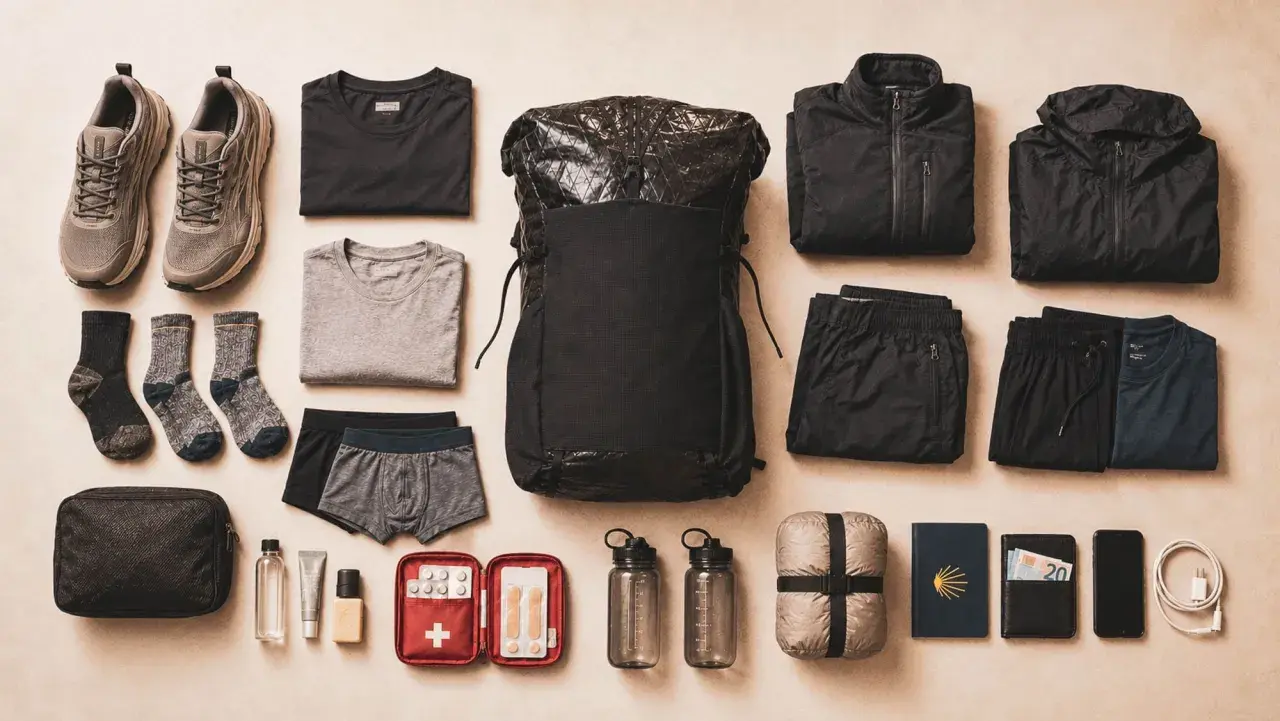 Packliste Jakobsweg: Rucksack, Wanderschuhe, Kleidung, Wasserflaschen, Erste-Hilfe-Set, Geld und Handy für die Pilgerreise.