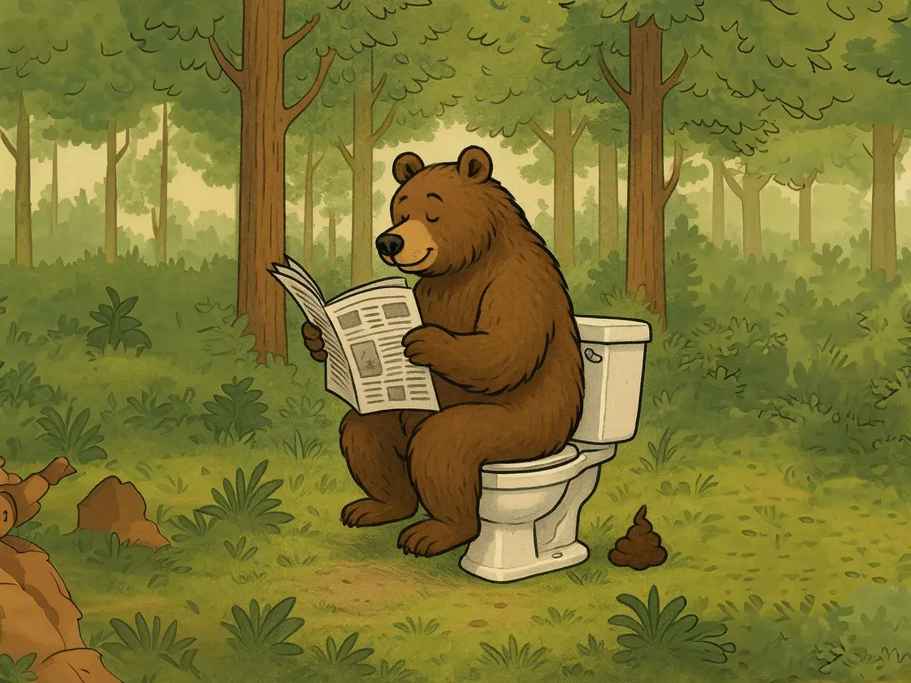 Ein Bär liest Zeitung, während er im Wald kackt.