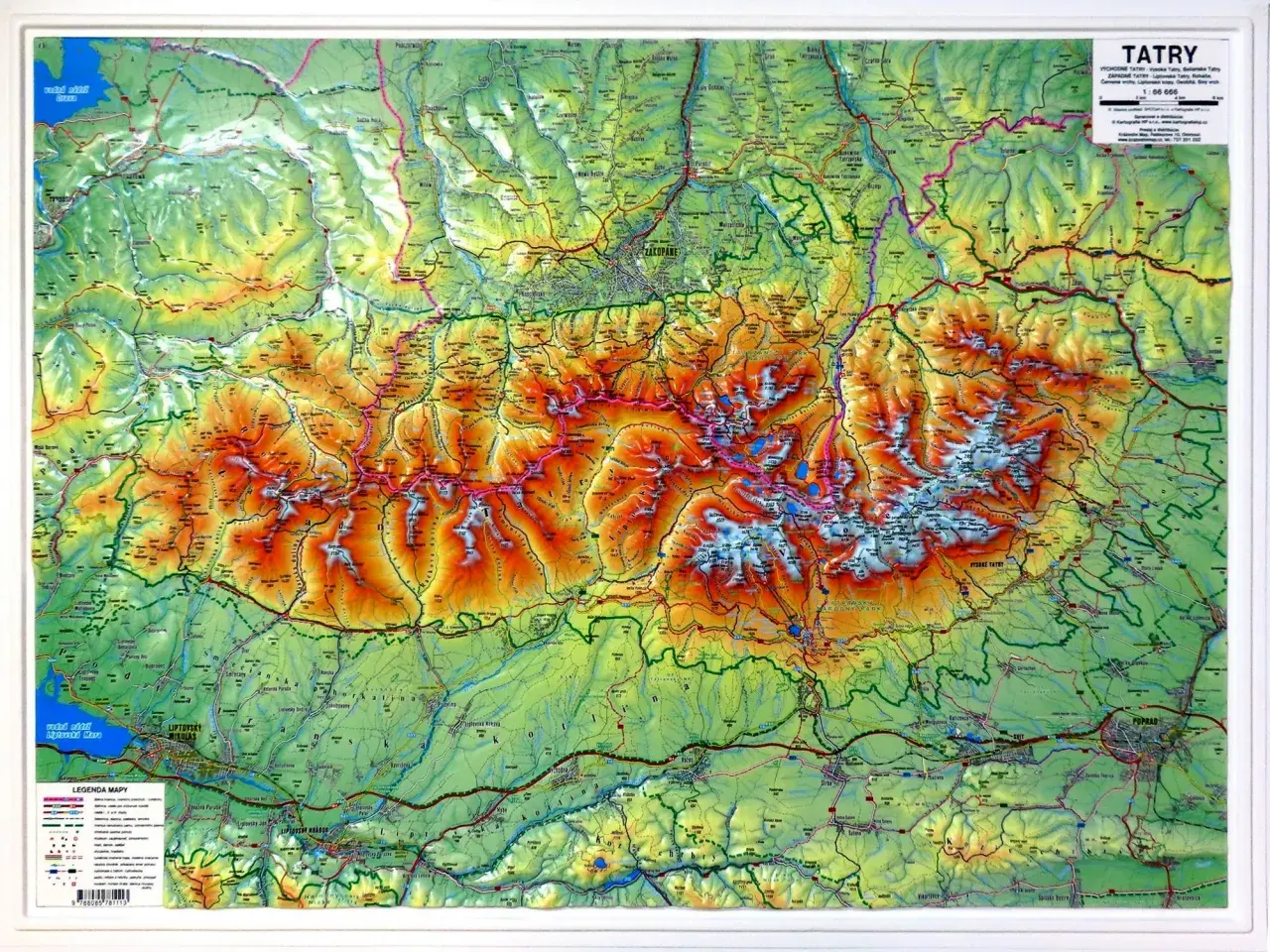 Die Karte zeigt die Hohe Tatra mit ihren Gipfeln, Seen und Städten wie Zakopane und Poprad. Sie gibt Auskunft, wo ist die Hohe Tatra.