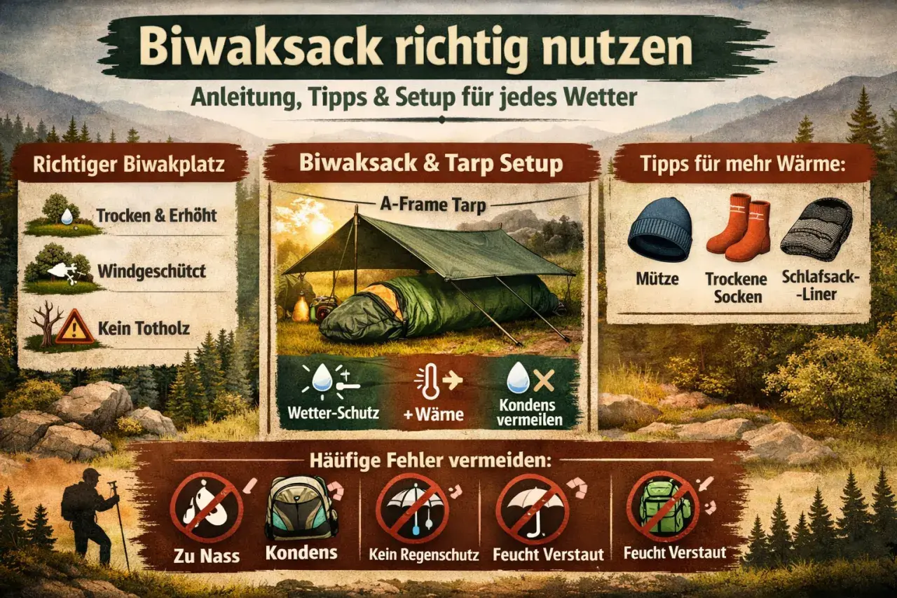 Anleitung, wie was ist ein Biwaksack richtig genutzt wird: Tipps für Platzwahl, Setup, Wärme und Fehlervermeidung bei jedem Wetter.
