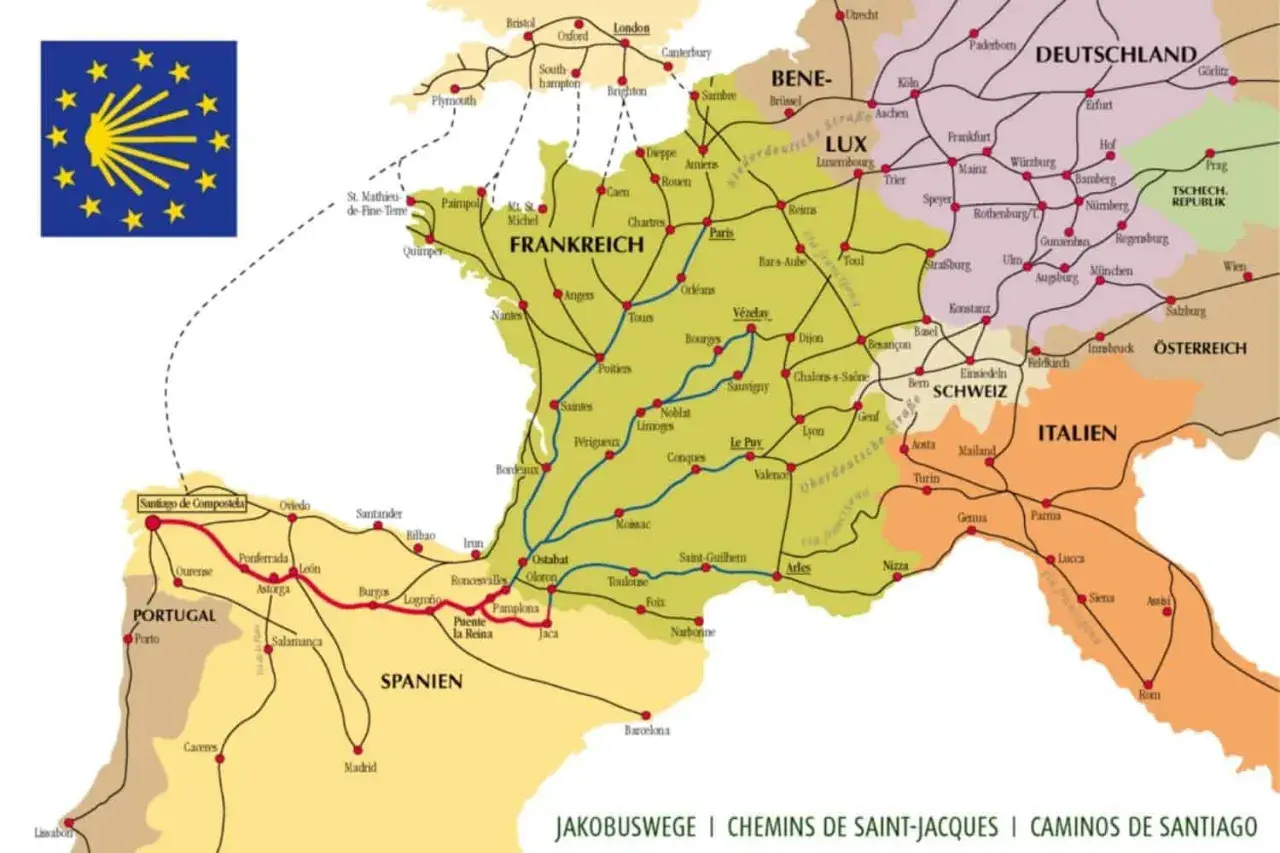 Karte zeigt Jakobswege in Europa, mit Routen durch Frankreich, Spanien, Portugal, Italien und Deutschland. Alternativen zum Jakobsweg sind hier ersichtlich.