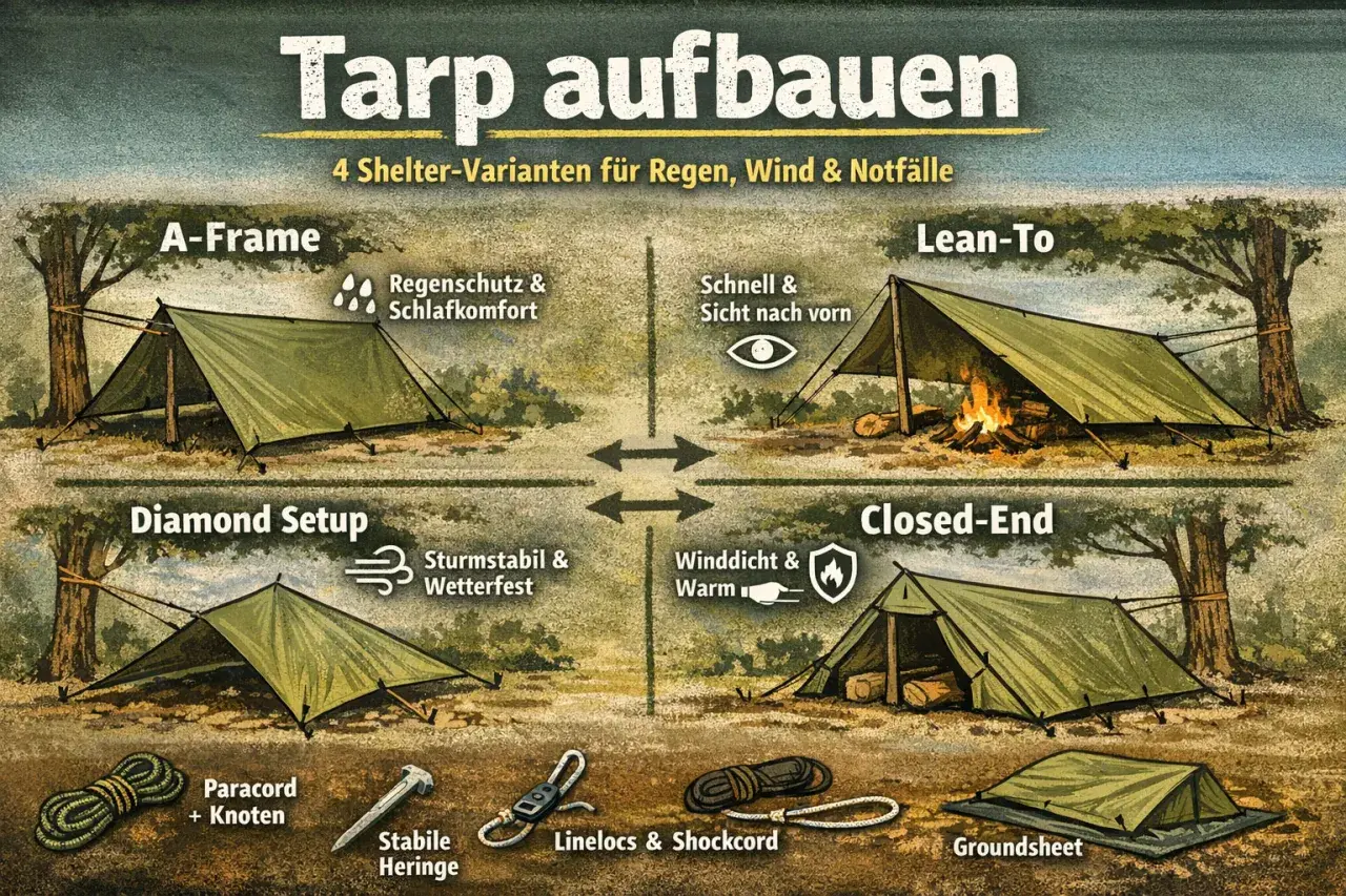 Vier Tarp aufbauvarianten: A-Frame, Lean-To, Diamond Setup, Closed-End. Zeigt verschiedene Schutzmöglichkeiten für Outdoor-Abenteuer.