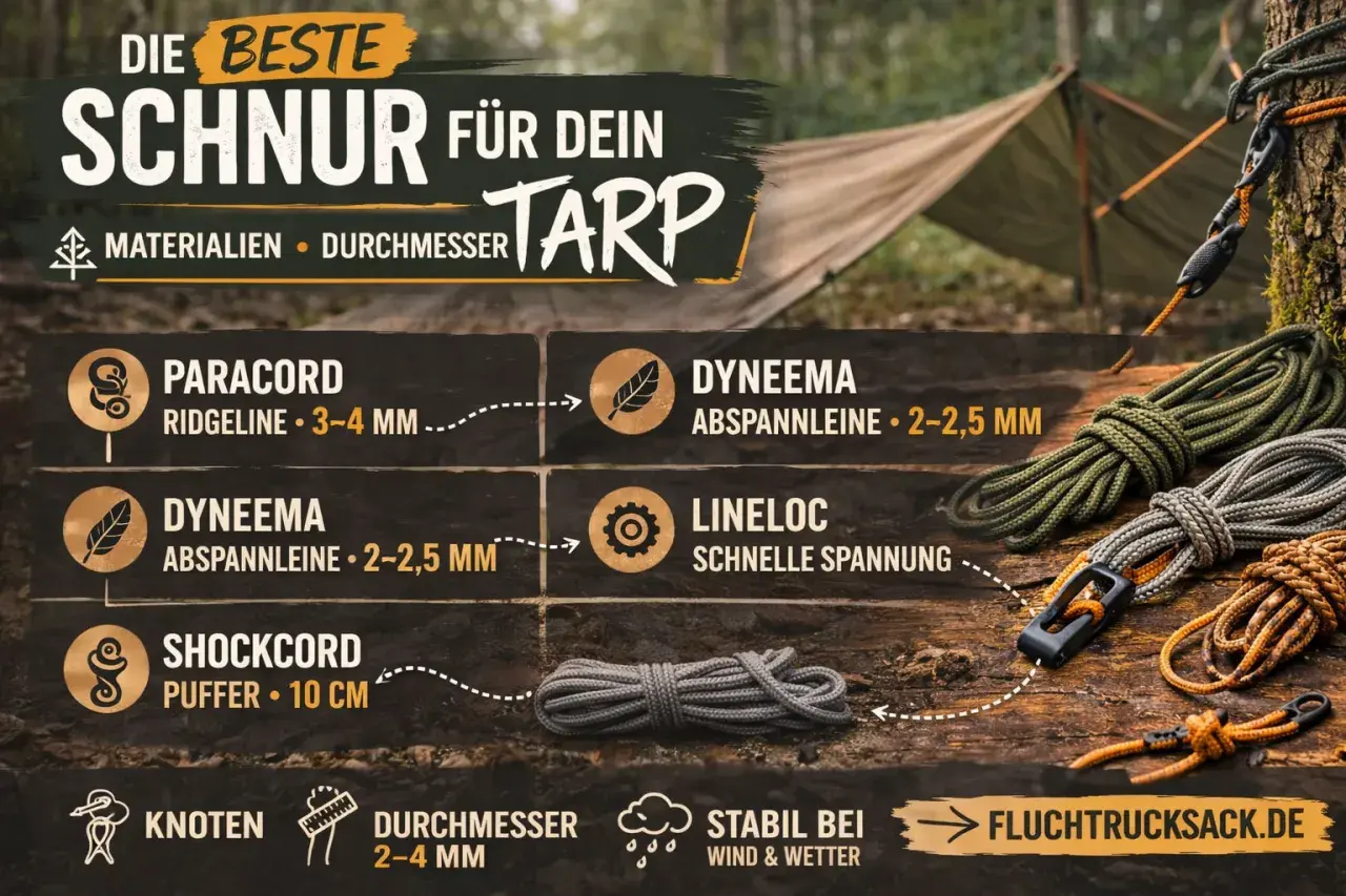 Die beste Schnur für deinen Tarp: Paracord, Dyneema & Shockcord. Outdoor Knoten, Durchmesser 2-4 mm, stabil bei Wind & Wetter.