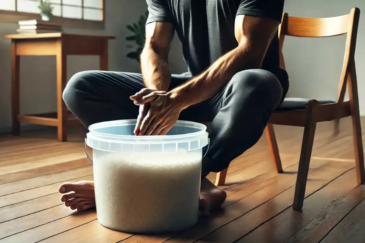 Mann übt Handkraft- und Fingerfertigkeitstraining mit einem Reiskübel.