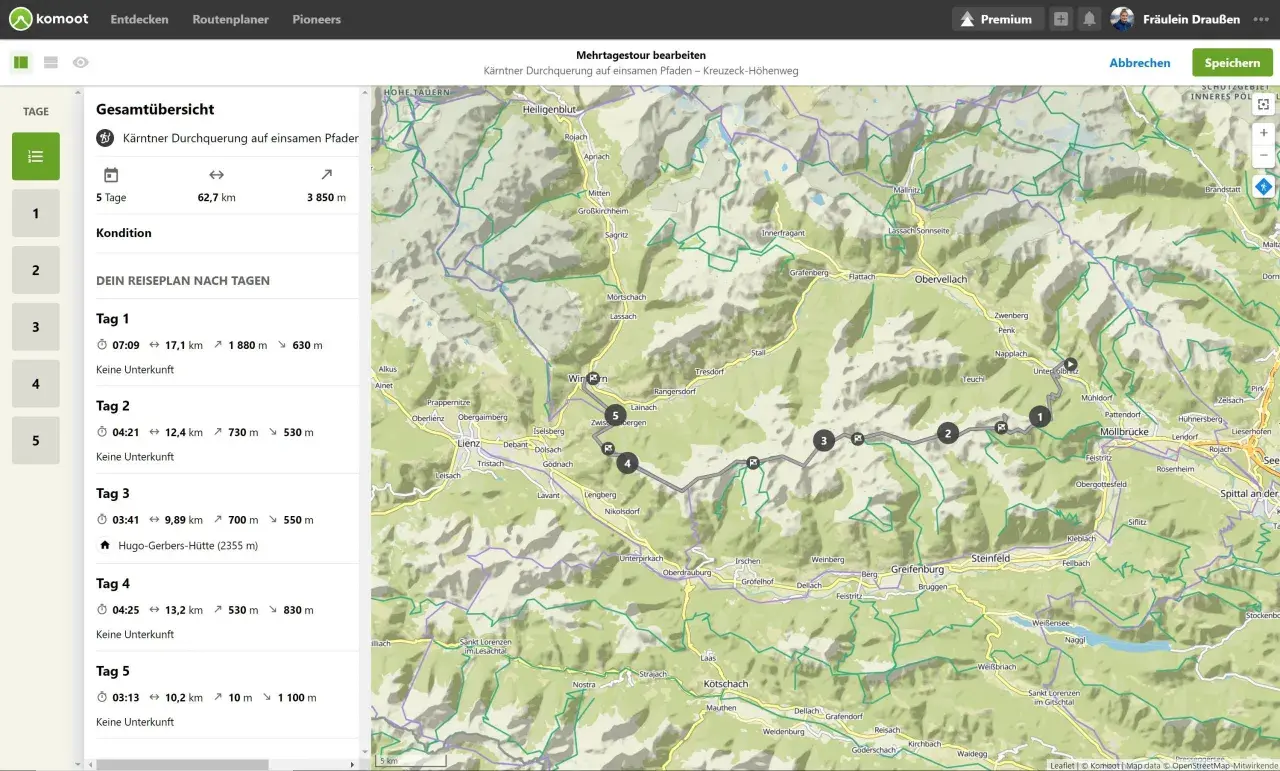 Kärntner Durchquerung: 5 Tage, 62,7 km, 3850 m Höhenmeter. Ein Abenteuer auf einsamen Pfaden, perfekt für **weitwanderwege europa**.