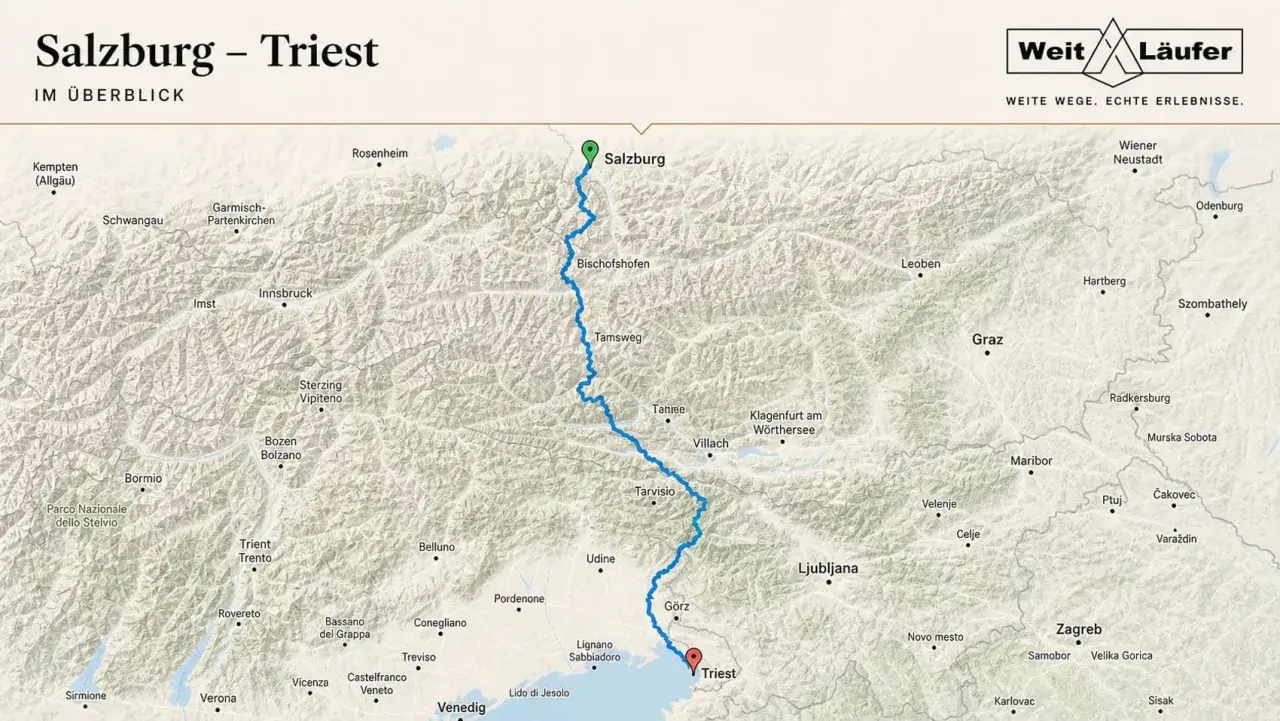 Karte zeigt die Route von Salzburg nach Triest, eine der schönsten fernwanderwege italien.