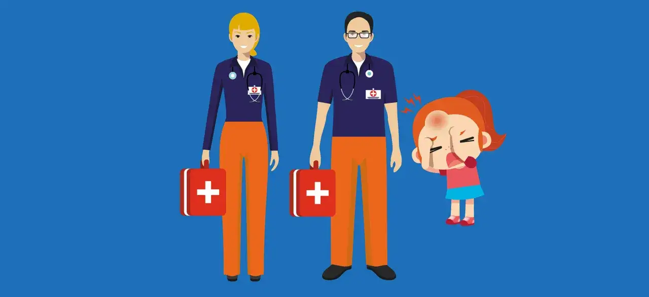 Sanitäter mit Erste-Hilfe-Kasten eilen einem Kind mit einer Beule auf der Stirn zu. Was ist eine Platzwunde?