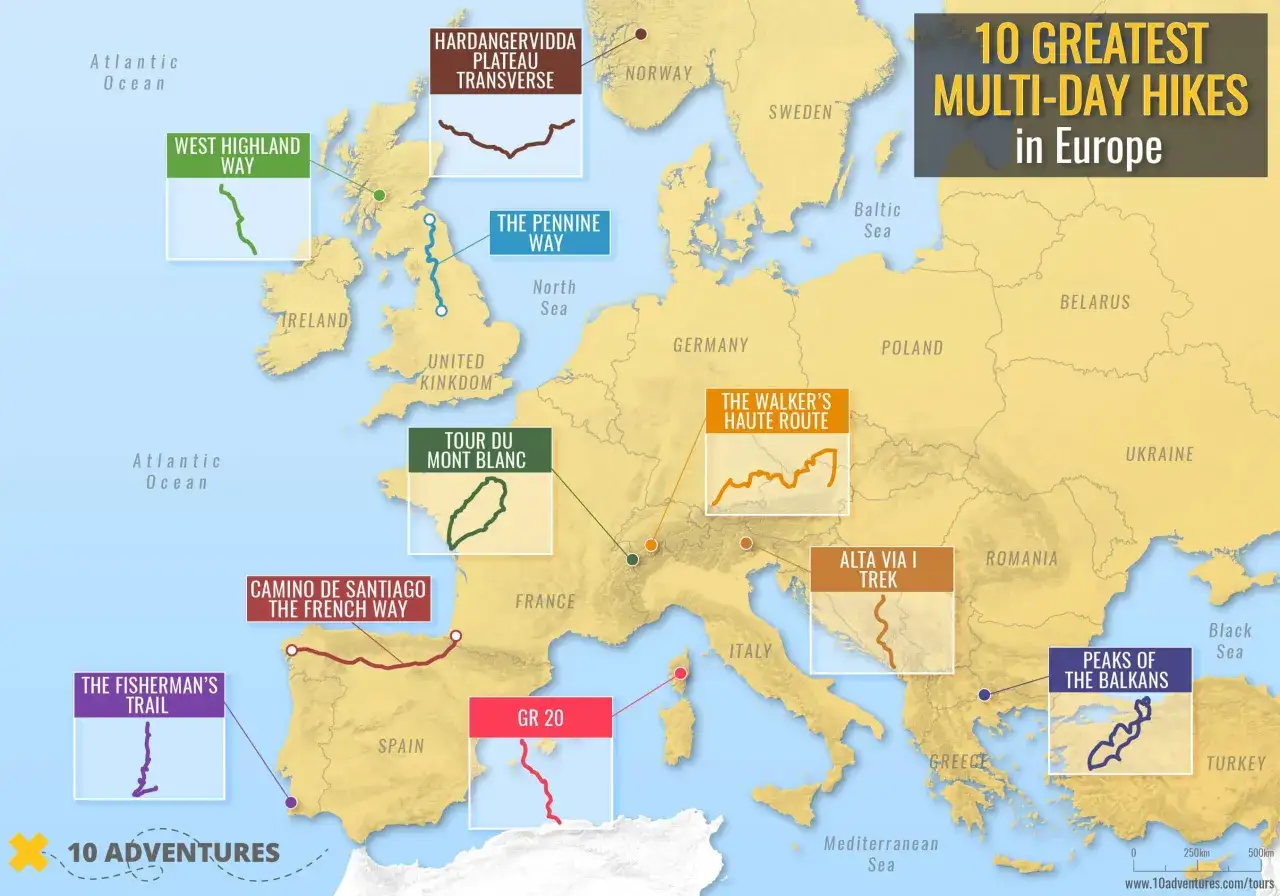 Karte zeigt 10 der besten weitwanderwege Europas, von Schottland bis zum Balkan.