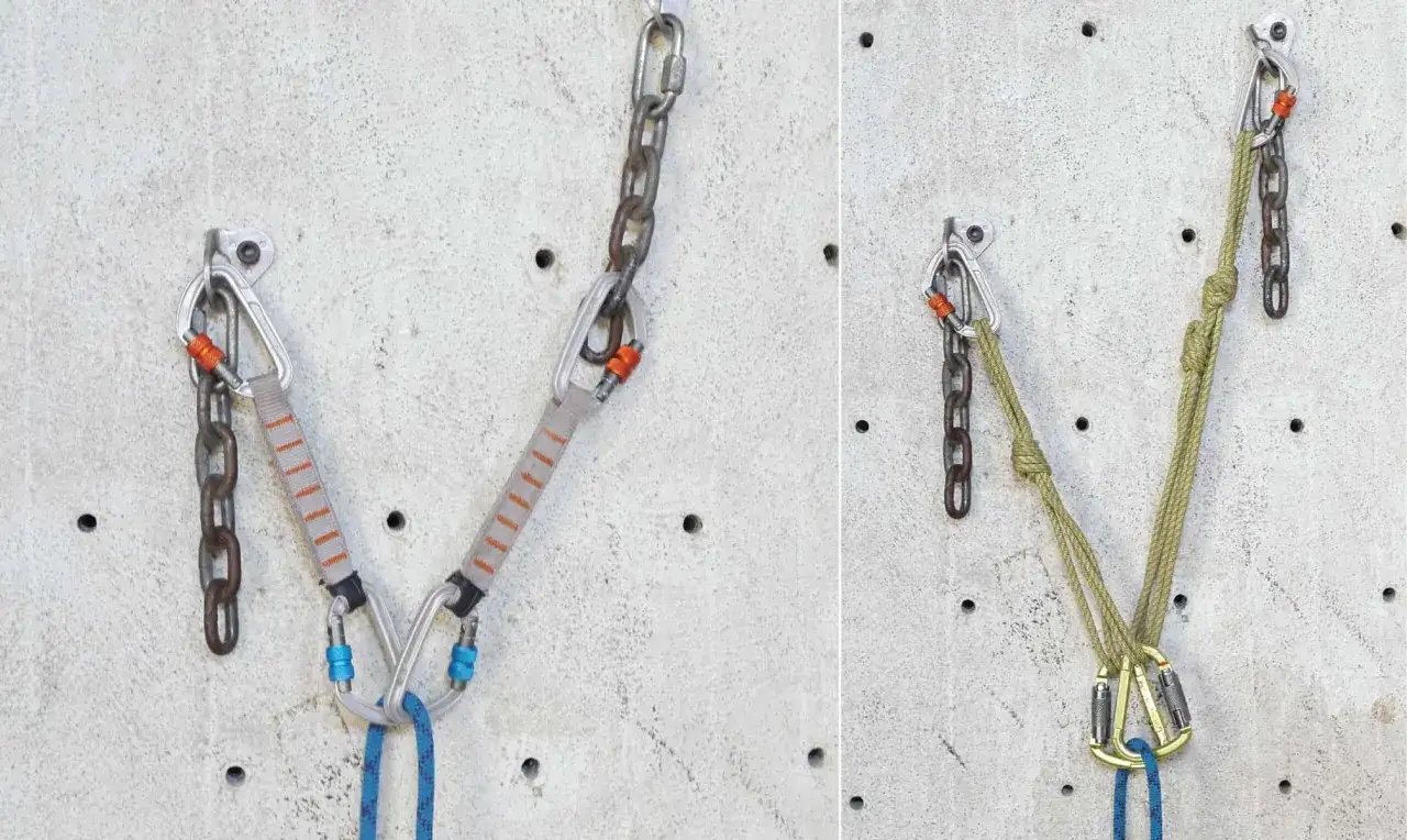 Zwei Methoden, um einen Toprope-Standplatz einzurichten: Links mit Bandschlinge und Kette, rechts mit Seil und Knoten.