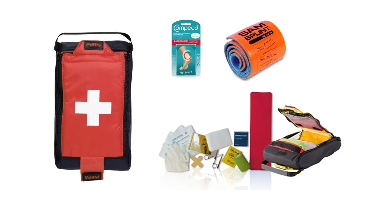 Erste Hilfe Basics: Rote Tasche mit weißem Kreuz, Blasenpflaster, SAM Splint, Verbandszeug und offene Erste-Hilfe-Tasche.