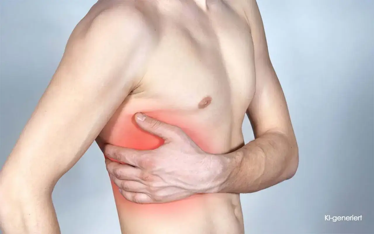 Mann hält sich schmerzend die Seite. Rote Markierung deutet auf eine Rippenprellung nach Sport hin.
