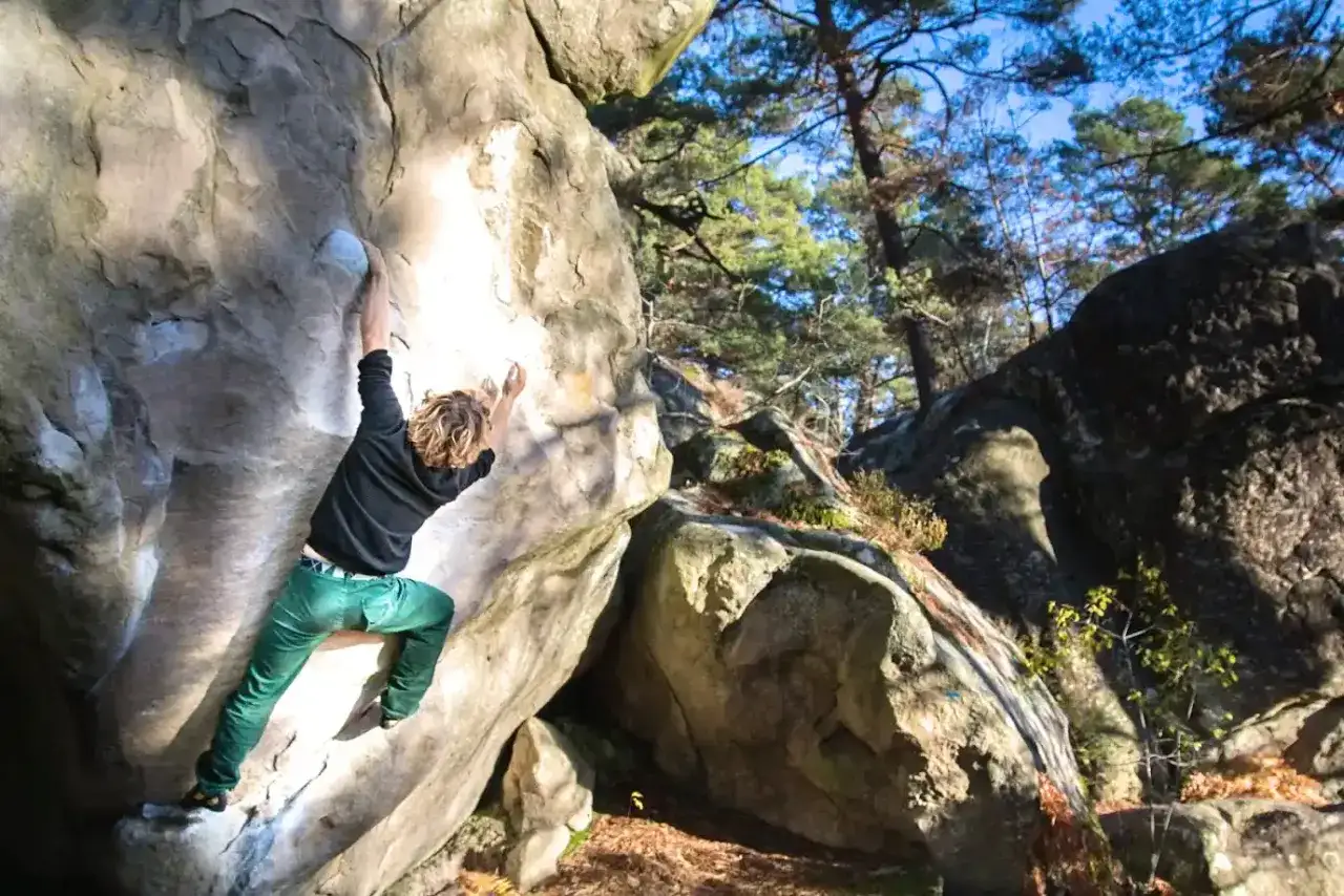 Ein Kletterer meistert eine Route beim Fontainebleau Bouldern. Die Sonne scheint auf die Felsen und Bäume.