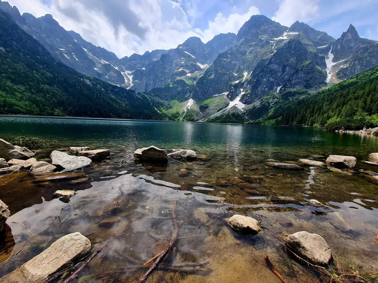Ein Bergsee mit Felsen im Vordergrund und schneebedeckten Gipfeln im Hintergrund. Hier ist die Hohe Tatra, ein atemberaubendes Naturwunder.