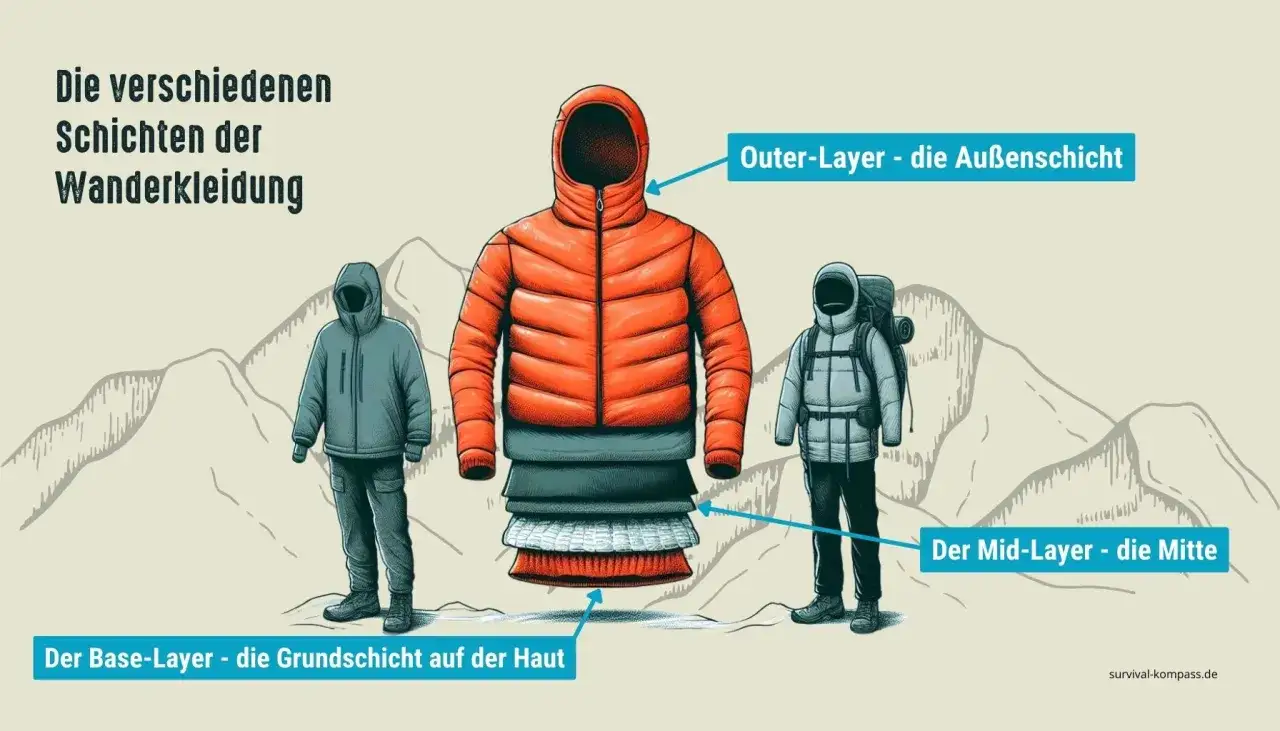 Schichten der Wanderkleidung: Base-Layer (Haut), Mid-Layer (Mitte) und Outer-Layer (Außen). So kleidet man sich richtig zum Wandern an.