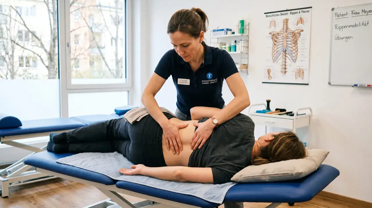 Physiotherapeutin behandelt Patientin mit Rippenmobilitätsübungen nach einem Sportunfall mit Rippenbruch.