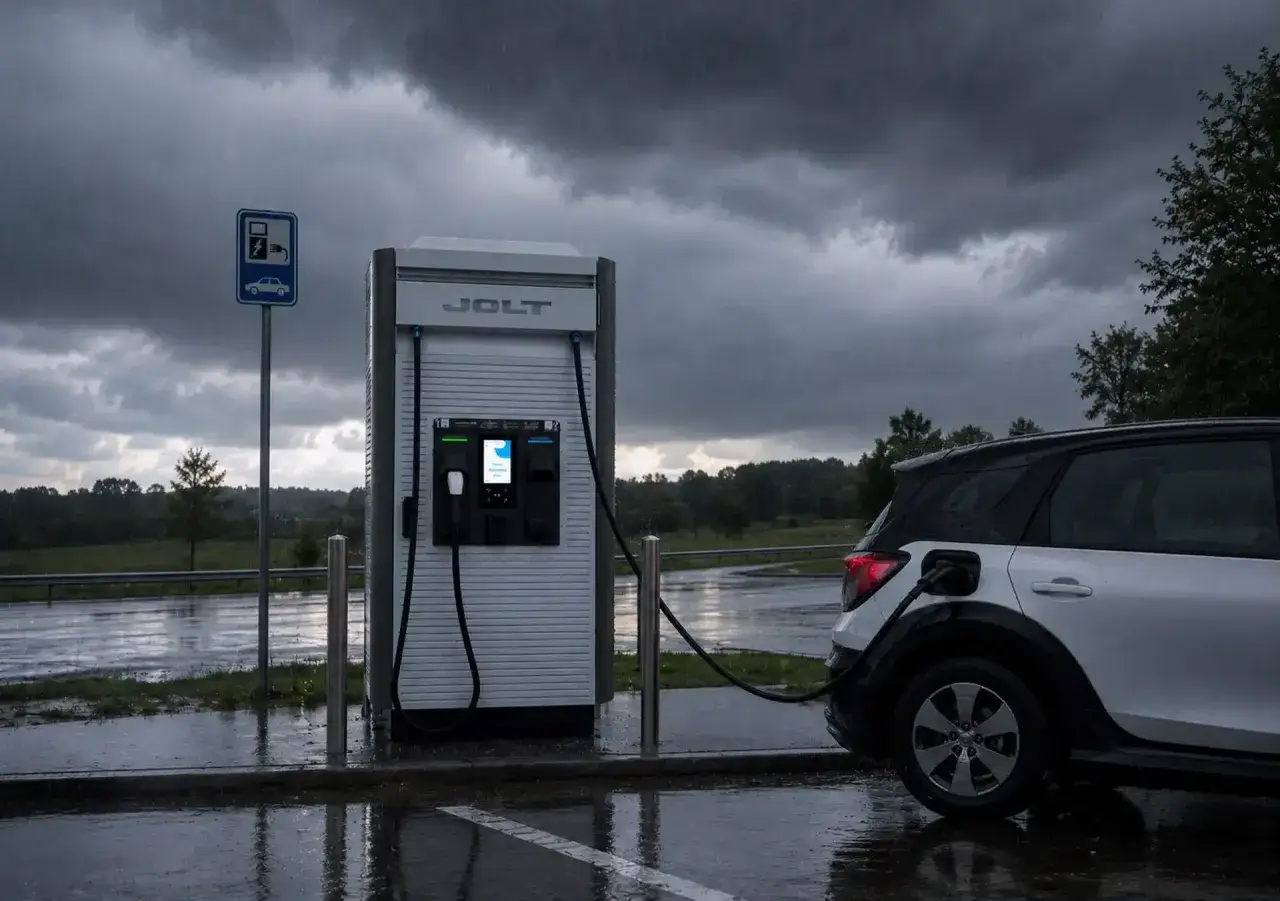 Ein Elektroauto l&auml;dt bei starkem Regen an einer JOLT-Station. Der Himmel ist dunkel und bedrohlich, perfekt, um bei gewitter im auto zu schlafen.