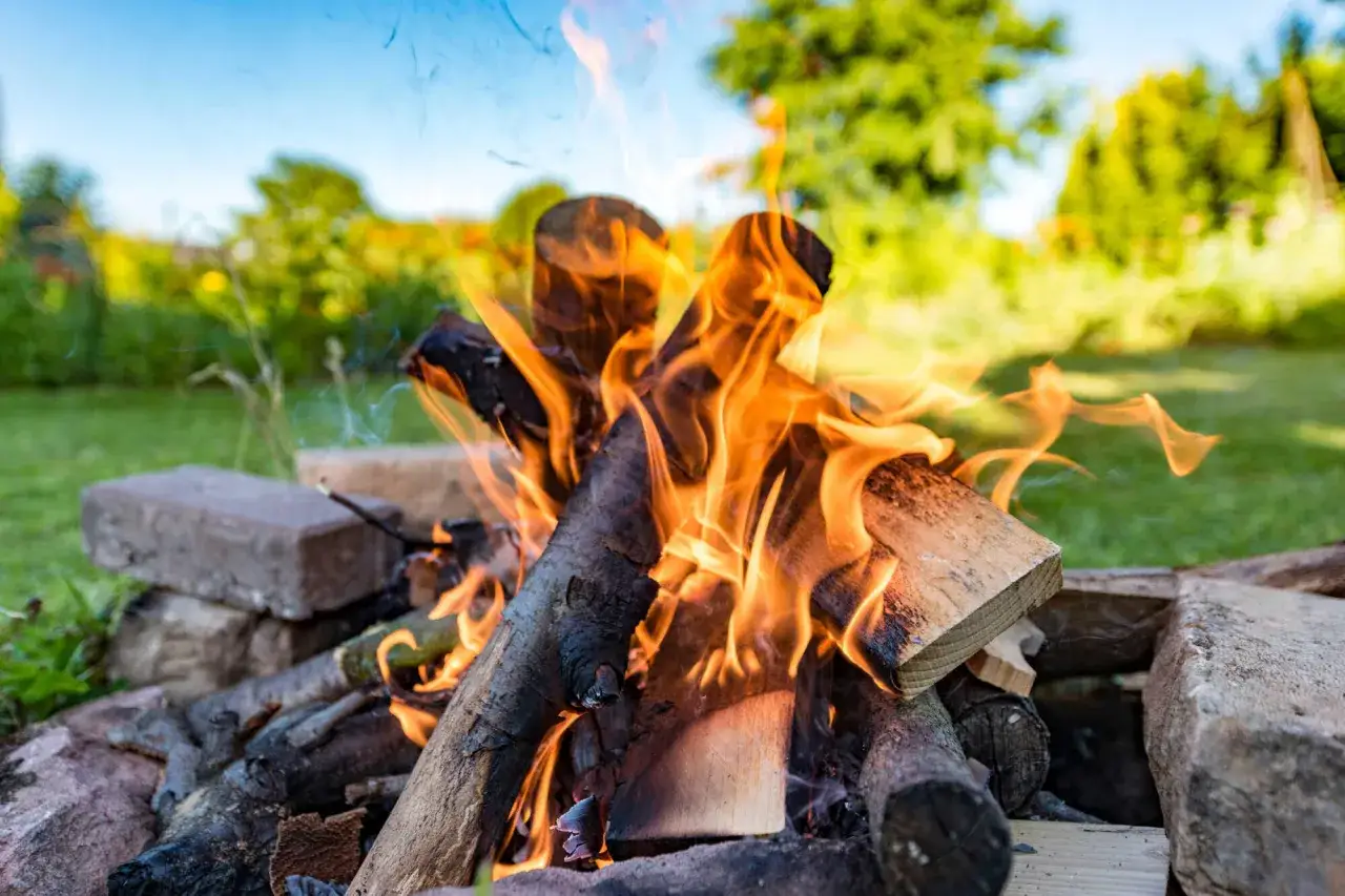 Flammen tanzen um Holzscheite, w&auml;hrend wir ein gem&uuml;tliches Lagerfeuer machen. Der Garten im Hintergrund ist gr&uuml;n und sonnig.