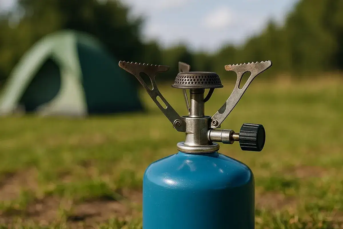 Campingkocher mit blauer Gaskartusche im Vordergrund, gr&uuml;nes Zelt und Wald im Hintergrund. Perfekt, um unterwegs zu kochen und Gaskartuschen sicher zu lagern.