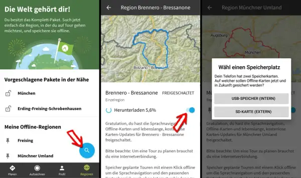 So funktioniert komoot: Karten offline speichern für Touren. Wähle Speicherort für Offline-Karten.