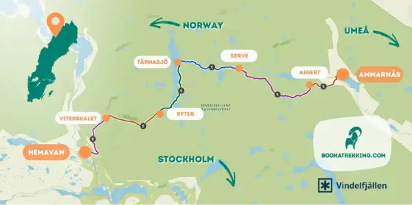Karte zeigt verschiedene Kungsleden Etappen von Hemavan über Vitterskalet, Syter, Tärnasjö, Serve, Aigert bis Ammarnäs.