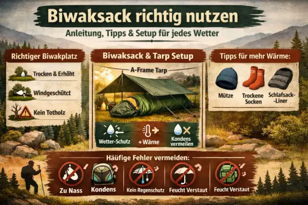 Anleitung, wie was ist ein Biwaksack richtig genutzt wird: Tipps für Platzwahl, Setup, Wärme und Fehlervermeidung bei jedem Wetter.