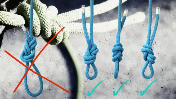 Veranschaulichung von Seilknoten: Ein falsch gebundener, durchgestrichener Knoten und drei korrekt gebundene, mit Häkchen versehene selbstsichernder knoten.