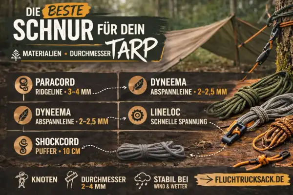 Die beste Schnur für deinen Tarp: Paracord, Dyneema & Shockcord. Outdoor Knoten, Durchmesser 2-4 mm, stabil bei Wind & Wetter.