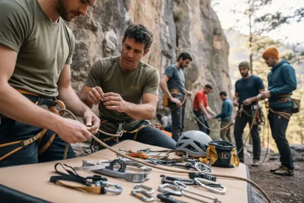 Männer bereiten sich auf offwidth climbing vor, knoten Seile und legen Kletterausrüstung aus.