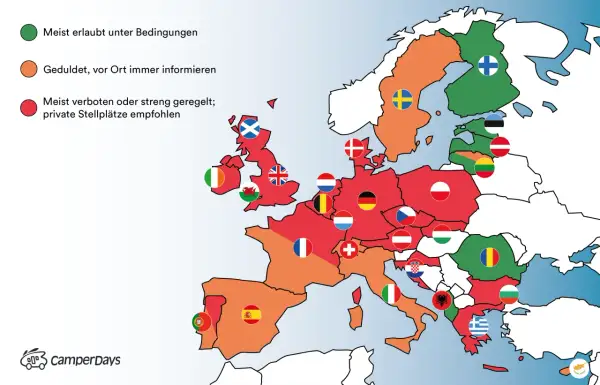 Karte zeigt Regeln für wildcampen Deutschland & Europa. Grün: erlaubt, Orange: geduldet, Rot: verboten.