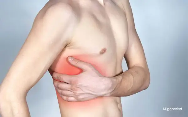 Mann hält sich schmerzhaft die Seite. Rote Markierung deutet auf eine Rippenprellung nach Sport hin.