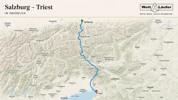Karte zeigt die Route von Salzburg nach Triest, eine der schönsten fernwanderwege italien.